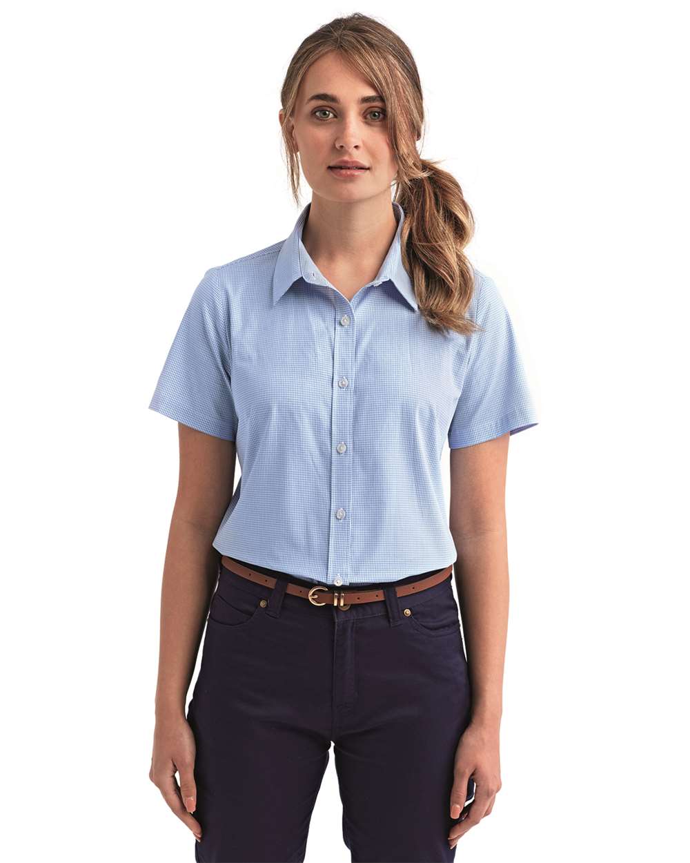 Women's Microcheck Gingham Short Sleeve Cotton Dress Shirt