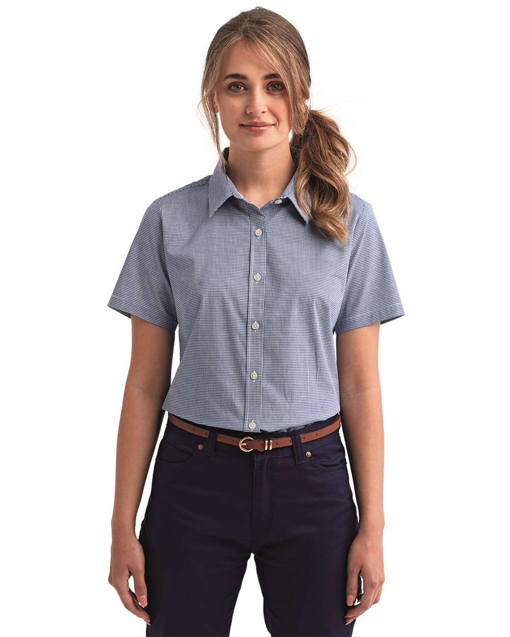 Women's Microcheck Gingham Short Sleeve Cotton Dress Shirt